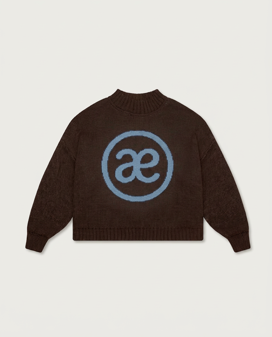 A dark brown knit sweater with a light blue circular logo featuring interlocking 'ae' letters on the chest, displayed against a light gray background.