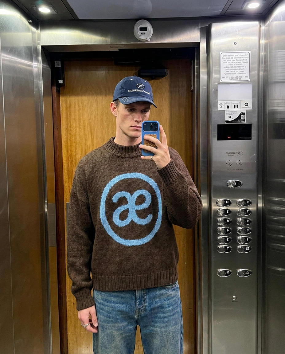 aerd AE Sweater in dark brown worn in an everyday setting — campaign image