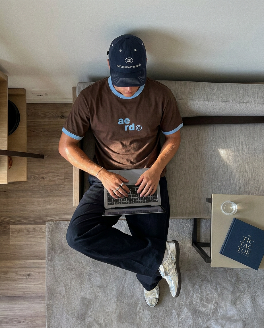 aerd Earth Tee in muted earth tones worn in an everyday setting — campaign image