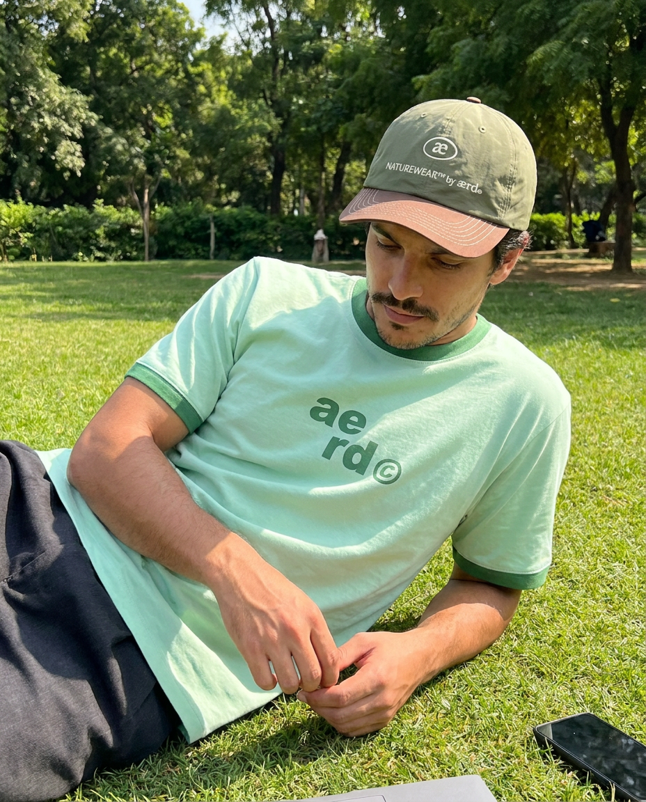 aerd Forest Tee in muted green worn in an everyday setting — campaign image