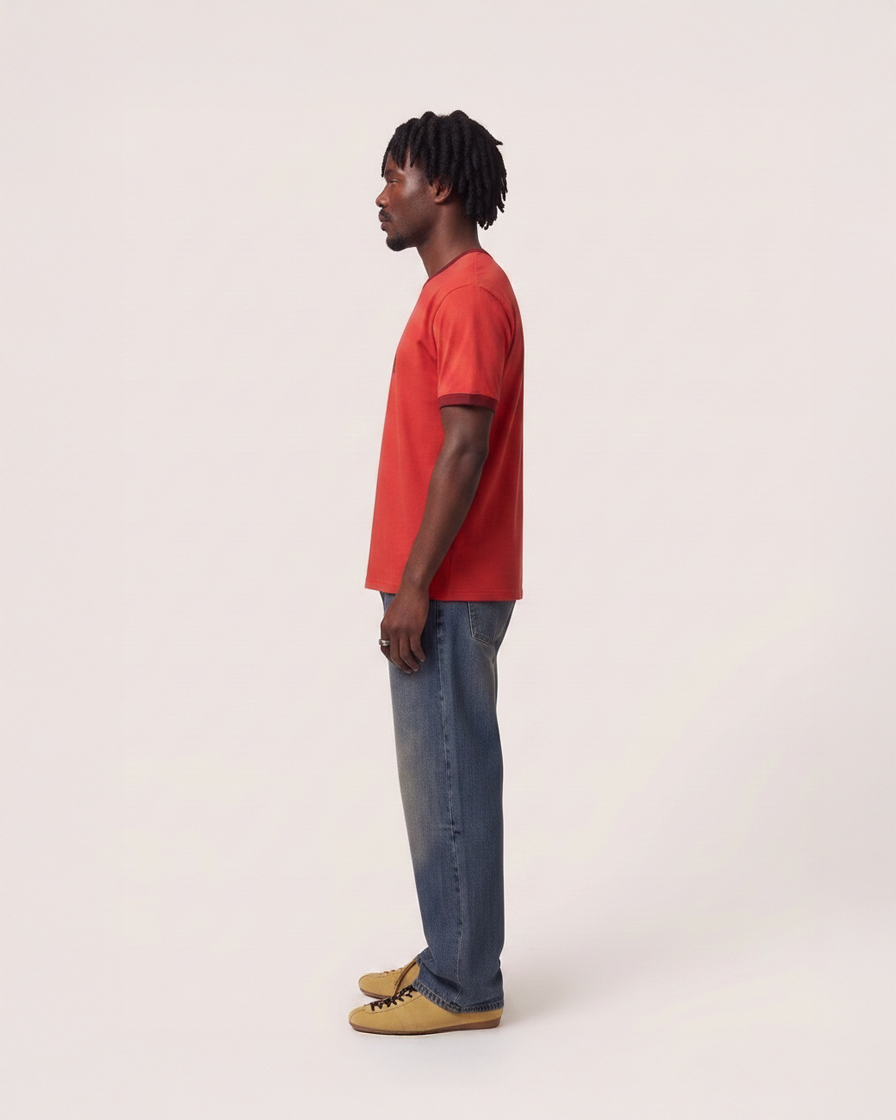 aerd Fire Tee — 260 GSM heavyweight cotton ringer t-shirt in muted red with contrast collar and cuffs