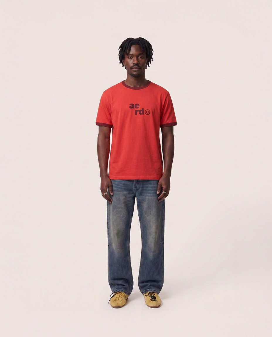 aerd Fire Tee — 260 GSM heavyweight cotton ringer t-shirt in muted red with contrast collar and cuffs