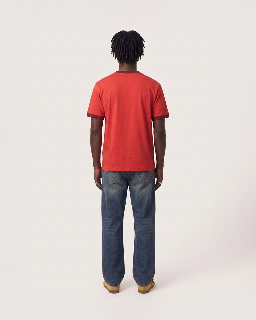 aerd Fire Tee — 260 GSM heavyweight cotton ringer t-shirt in muted red with contrast collar and cuffs
